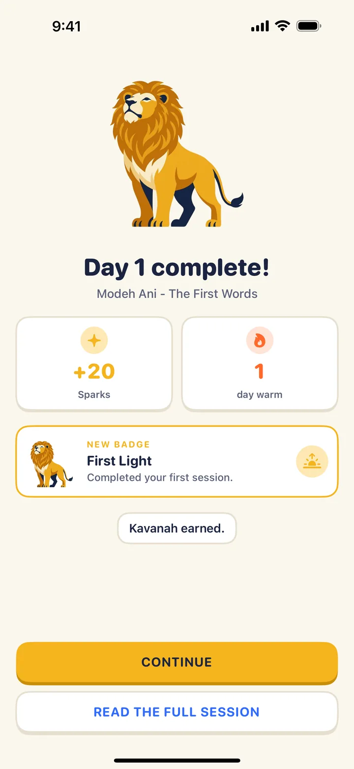 Day complete: Ari cheers, sparks are counted, a badge is earned